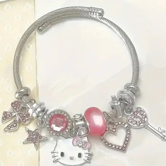 Hello Kitty Charm Bracelet Adjustable Bangle with Dangle Charms Pink & Silver - Picture 3 of 5
